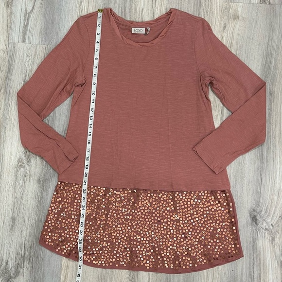 LOGO Lori Goldstein Long Sleeve Tunic T Shirt Top Mauve Gold Sequins Size S - Picture 2 of 7